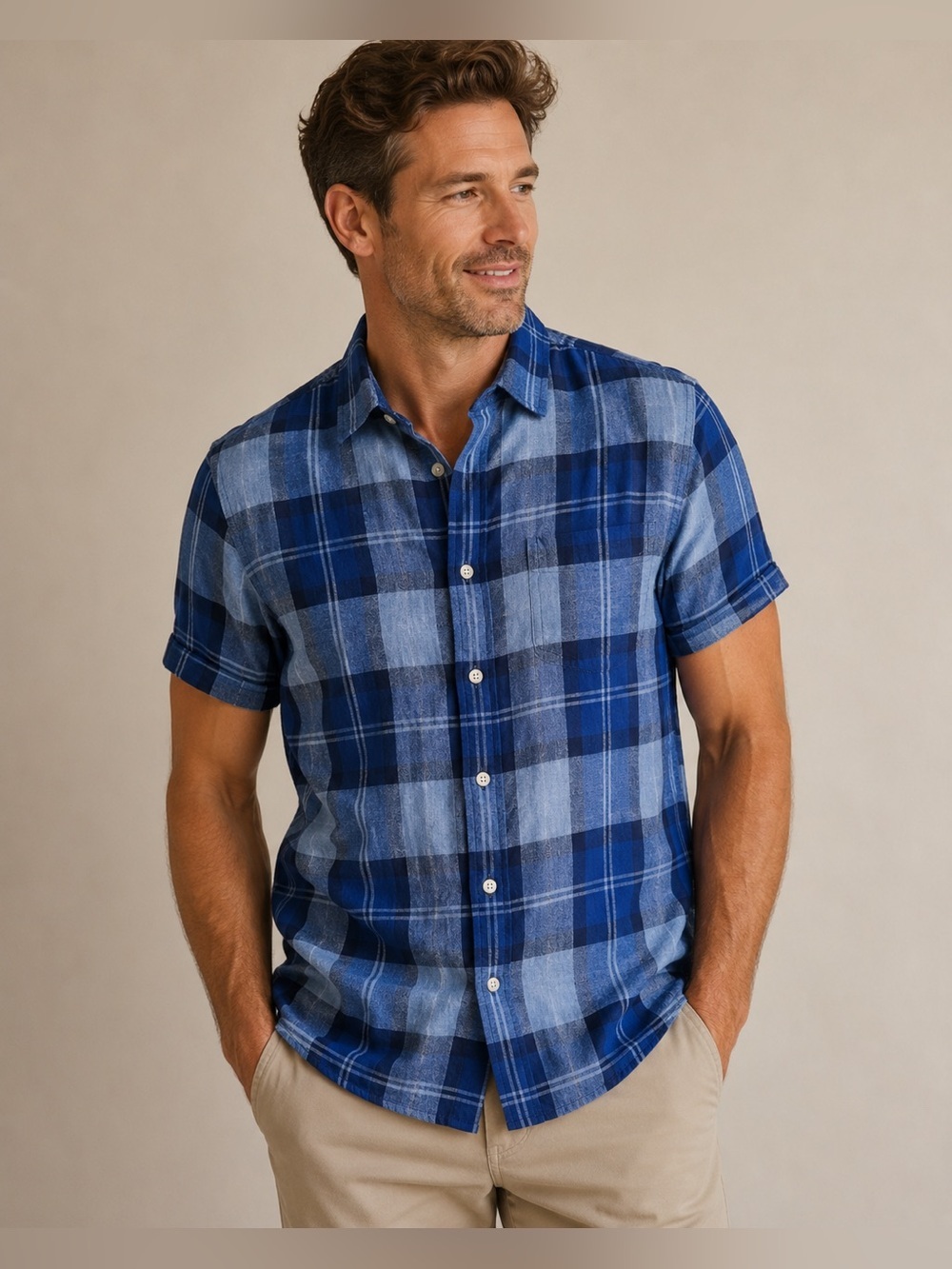 BANANA REPUBLIC 100% Linen Camden Fit Short Sleeve Button Down Blue Plaid